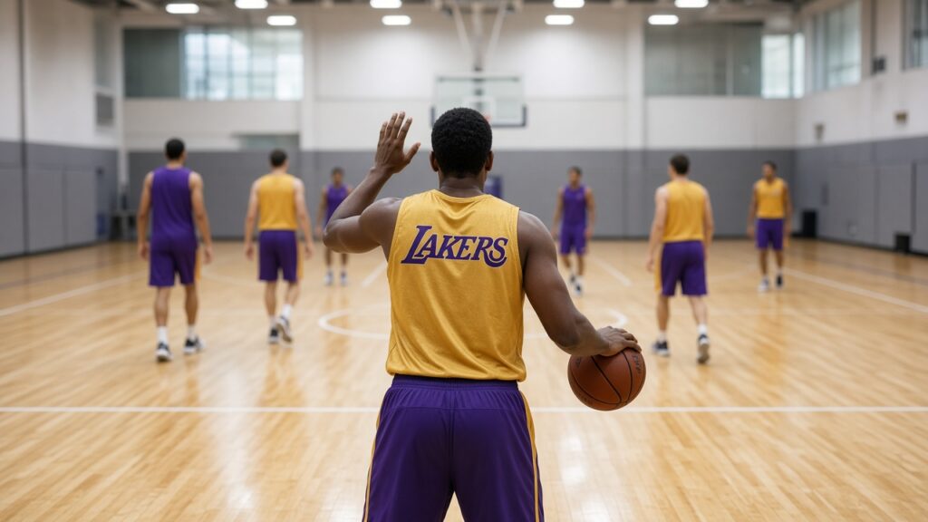 Lakers Practice Report: Redick Praises Two-Way Chris Mañon, Bronny James Embraces Point Guard Role Before Sacramento A Lakers point guard in a gold practice jersey, seen from behind, holds a basketball and raises his hand to call a play as teammates spread out across the practice court