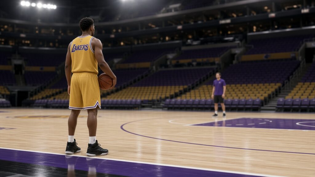 A Lakers player in a gold jersey with LAKERS across the back stands full-body along the baseline holding a basketball, looking toward a teammate on the court before the preseason opener at Sacramento