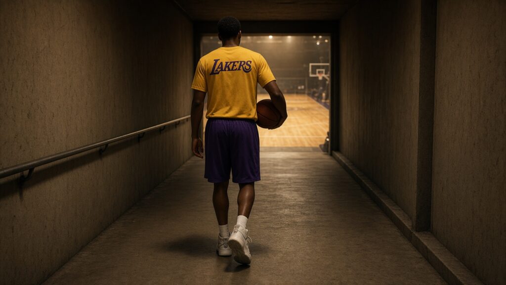 A Lakers player in a gold LAKERS shirt and purple shorts walks down a dim arena tunnel toward the lit court, carrying a basketball under his arm