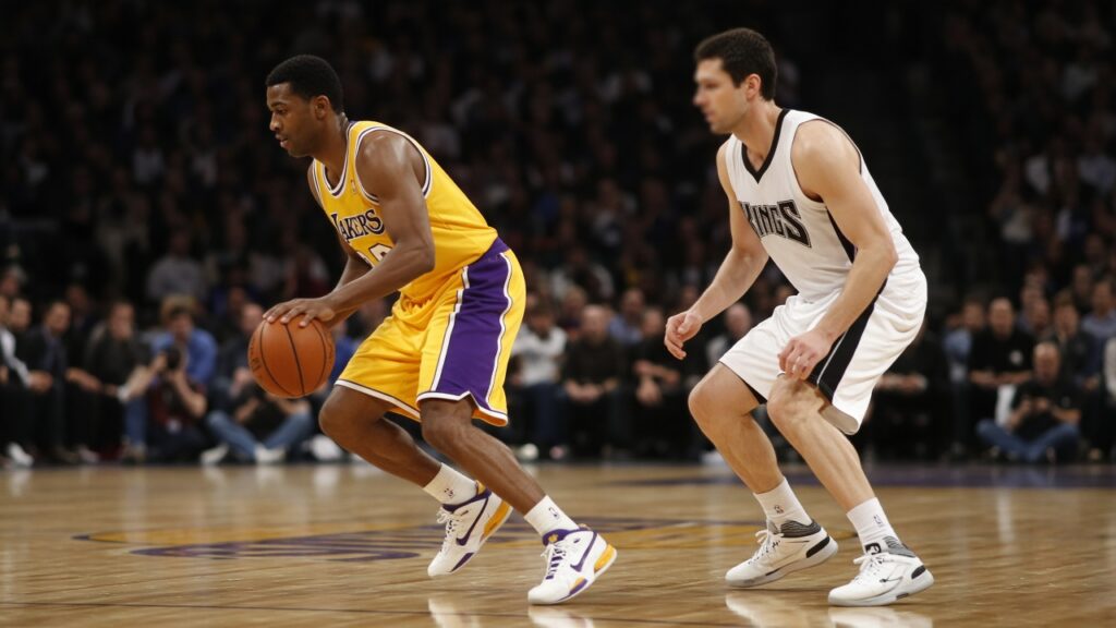 A Lakers guard in a gold jersey dribbles at the top of the key as a Sacramento Kings defender in white slides over during a preseason game
