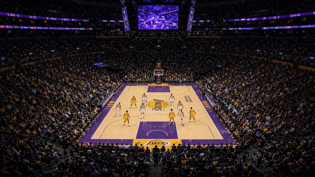 High-angle view of a packed Crypto.com Arena as the Lakers in gold set a two-line zone defense against the Sacramento Kings in white