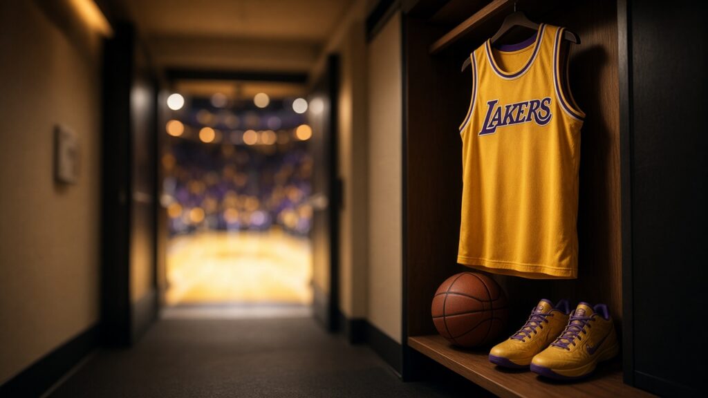 Lakers Rebounding Problem: Outrebounded in All 3 Preseason Games Ahead of Walker Kessler’s Possible Debut vs Warriors A gold Lakers jersey with the script wordmark hangs in a locker stall beside a game ball and sneakers, with the arena court glowing at the end of the tunnel