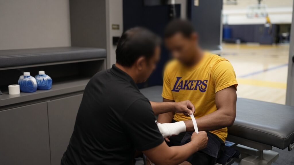 Walker Kessler Injury Update: Lakers Not Committed to Warriors Debut After Finger Setback, Collin Sexton Further Behind A trainer tapes the hand of a seated player in a gold Lakers practice shirt at a training table, with the practice court visible behind them