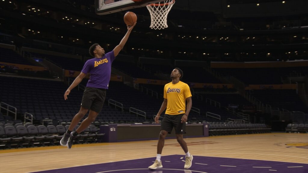 A Lakers player in a purple warm-up shirt goes up for a layup during shootaround as a teammate in gold waits under the rim in a mostly empty arena