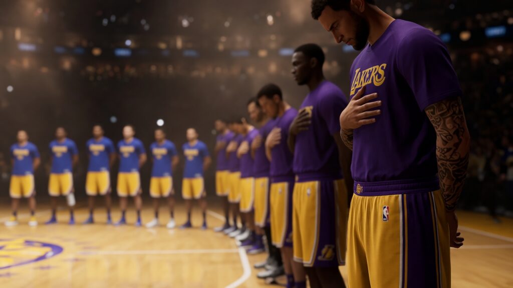 Lakers vs Warriors Game Day: Jake LaRavia, Quentin Grimes and Sandro Mamukelashvili Audition for Two Starting Spots in Las Vegas Lakers players in purple warm-up shirts stand with hands on hearts for the national anthem as the Warriors line up across the court