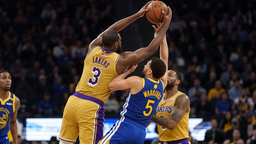 A Lakers player in a gold jersey grabs a rebound over a Golden State Warriors defender in traffic