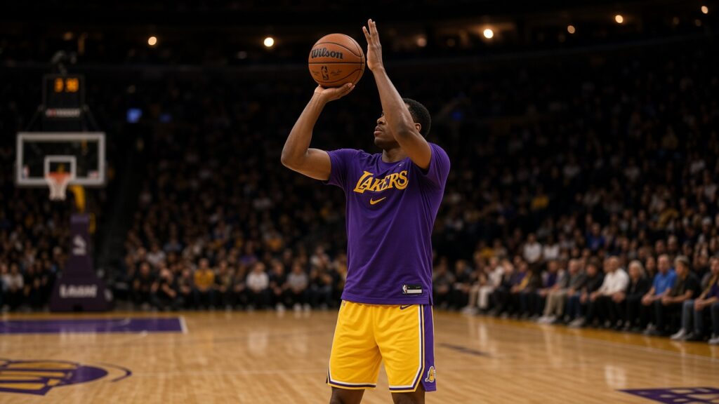 A Lakers player in a purple warm-up shirt rises for a jump shot during pregame warm-ups