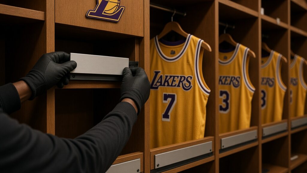 Gloved hands removing a nameplate from a Los Angeles Lakers locker stall beside gold home jerseys after Dalton Knecht was waived