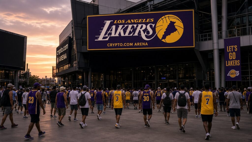 Lakers fans in purple and gold jerseys walk toward Crypto.com Arena at dusk before the Lakers vs Warriors opener