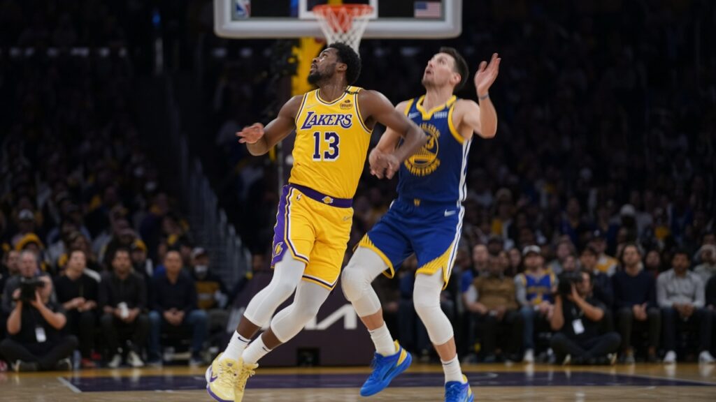 Walker Kessler Goes 12-for-12 as Lakers Rout Warriors 127-105 in Luka Doncic’s Opener Lakers center in gold battles a Warriors player for a rebound under the rim at Crypto.com Arena