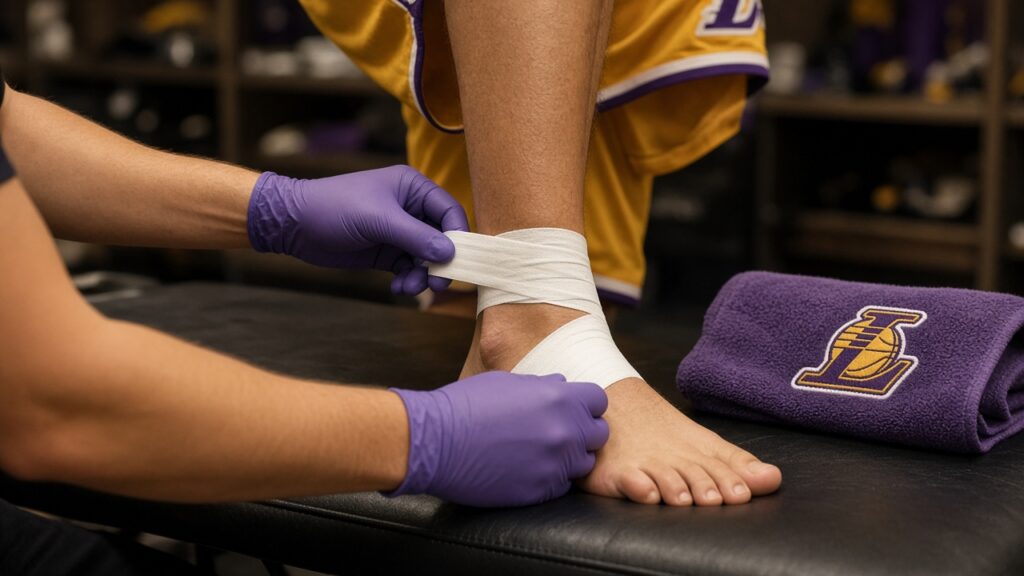 A Lakers trainer tapes a player's right ankle on the training table beside a purple Lakers towel
