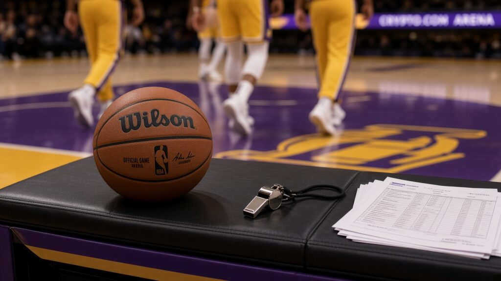 Austin Reaves Scores 28 as Lakers Beat Clippers 125-117; Collin Sexton Debuts Despite Luka Doncic’s 11 Turnovers Game ball, whistle and stat sheets on the scorer's table as Lakers players walk off after beating the Clippers