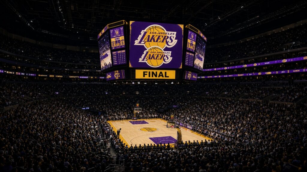 The arena video board shows the Los Angeles Lakers logo and FINAL above the crowd after Luka Doncic's 52 points beat the Jazz