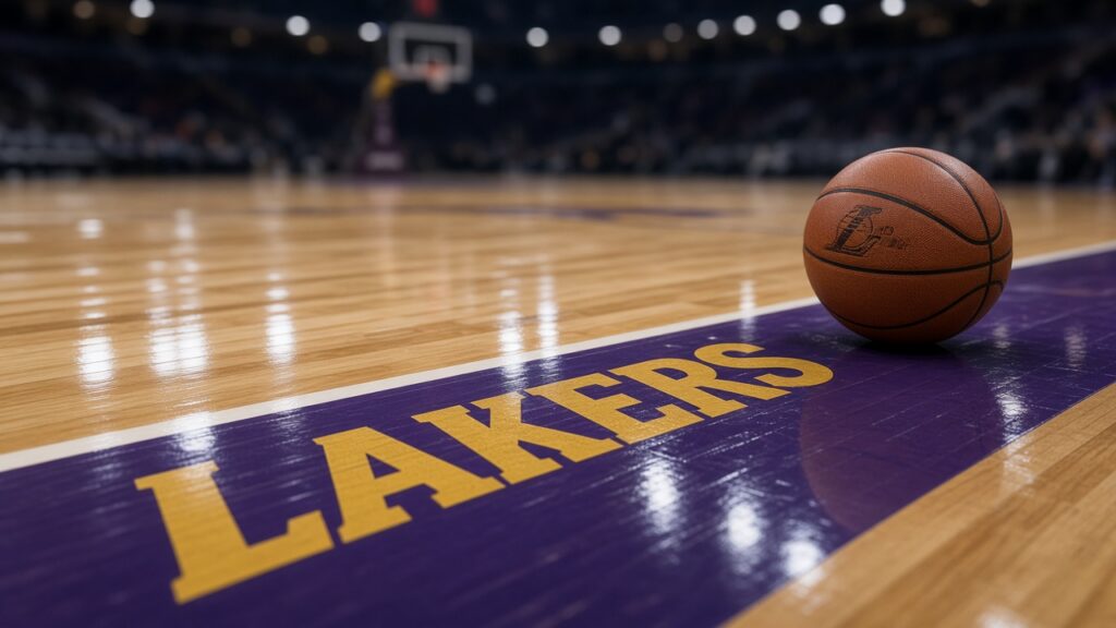 A basketball rests on the purple Lakers lane at the edge of the hardwood ahead of Lakers vs Trail Blazers