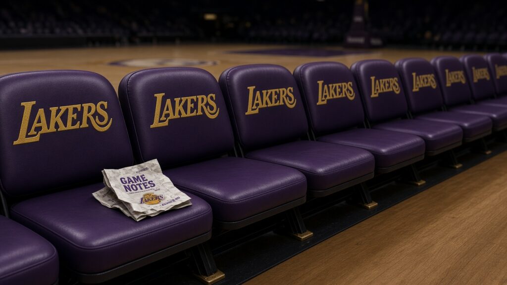 Empty purple courtside chairs with gold LAKERS lettering after the Lakers first loss of the season