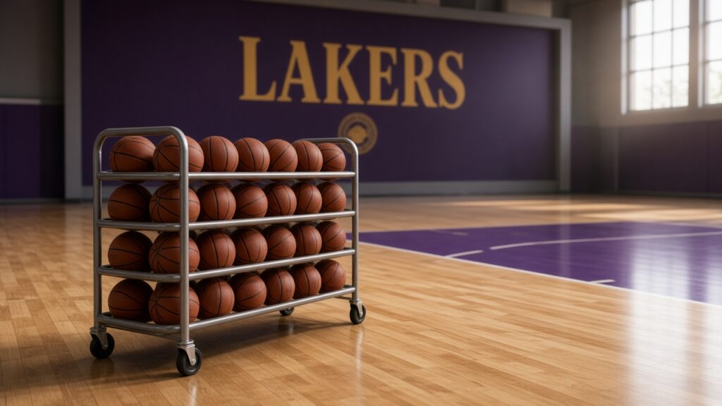 A rack of basketballs on an empty practice court in front of a purple wall lettered LAKERS in gold.