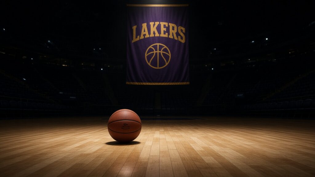 A lone basketball under a spotlight in a dark arena beneath a purple banner lettered LAKERS in gold.